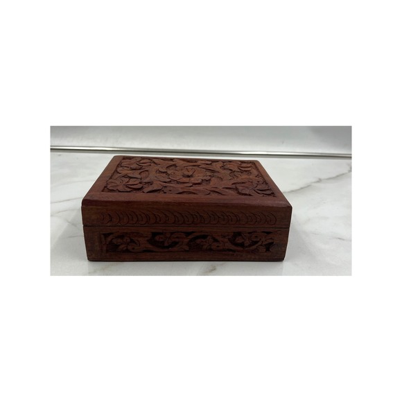 Unbranded Other - Vintage Hand Carved Floral Wooden Jewelry Box Trinket Keepsake Boho Dark Wood